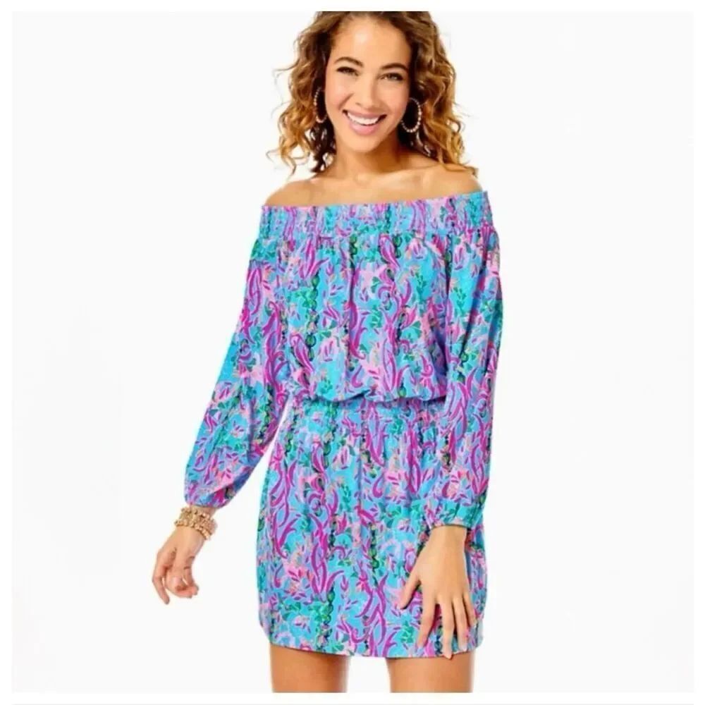 Lilly Pulitzer Women’s Teal Pink Cyla Off The Shoulder Long Sleeve Skort Romper